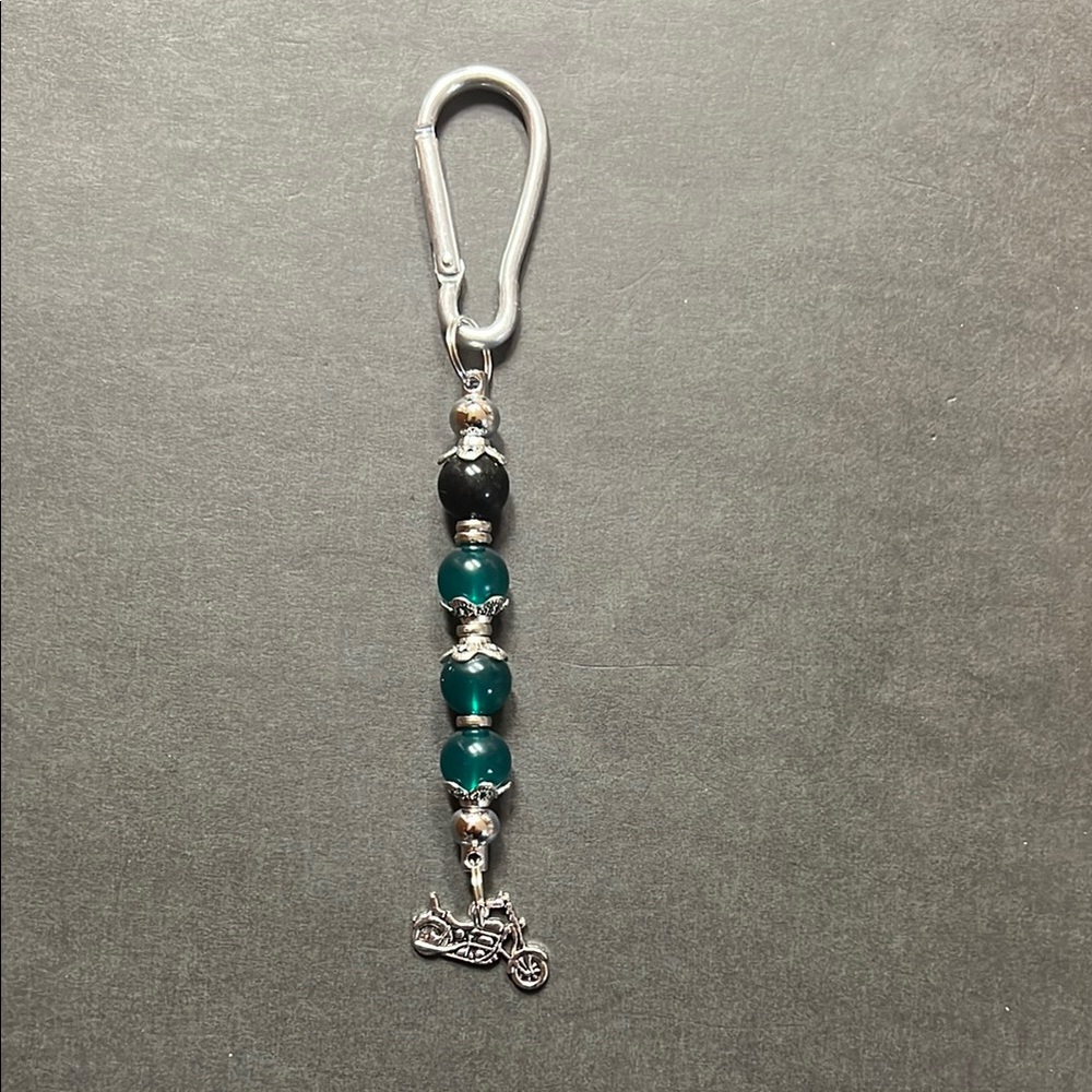 🌈 2 x $15 Silver and Teal Beaded Handmade Keychain with Motorcycle Charm